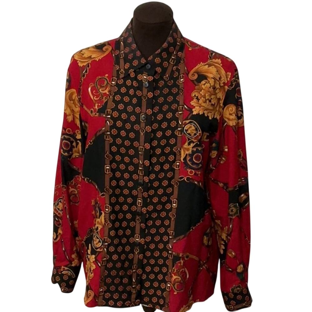 Talbots 100% Silk Red Black Equestrian Mobwife Button Down Shirt Top Size 12P